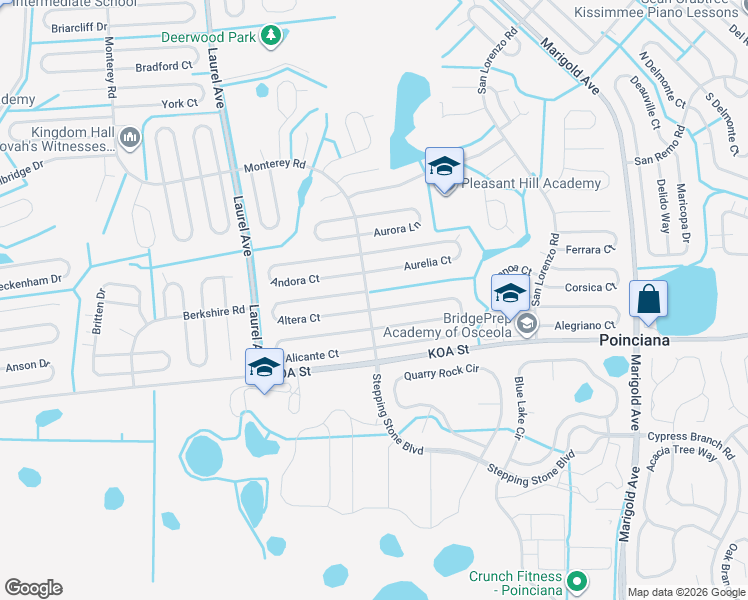 map of restaurants, bars, coffee shops, grocery stores, and more near 195 Aurelia Court in Poinciana