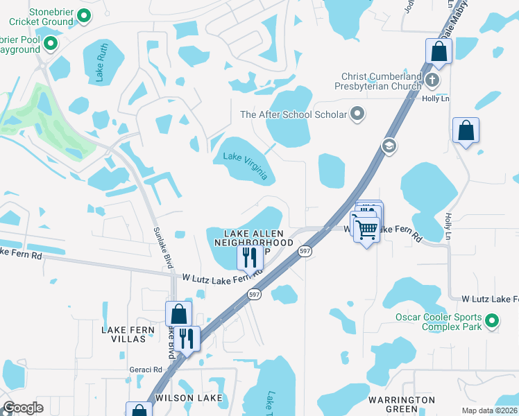 map of restaurants, bars, coffee shops, grocery stores, and more near 19217 Lake Allen Road in Lutz