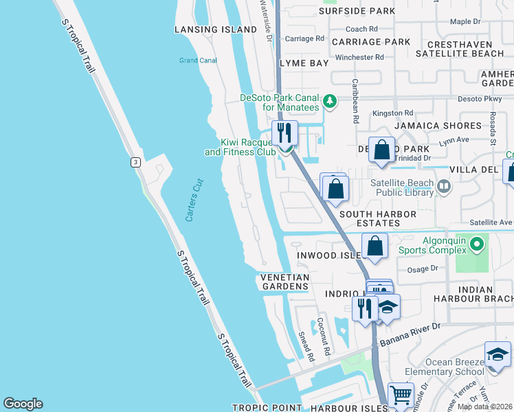 map of restaurants, bars, coffee shops, grocery stores, and more near 132 Lansing Island Drive in Satellite Beach