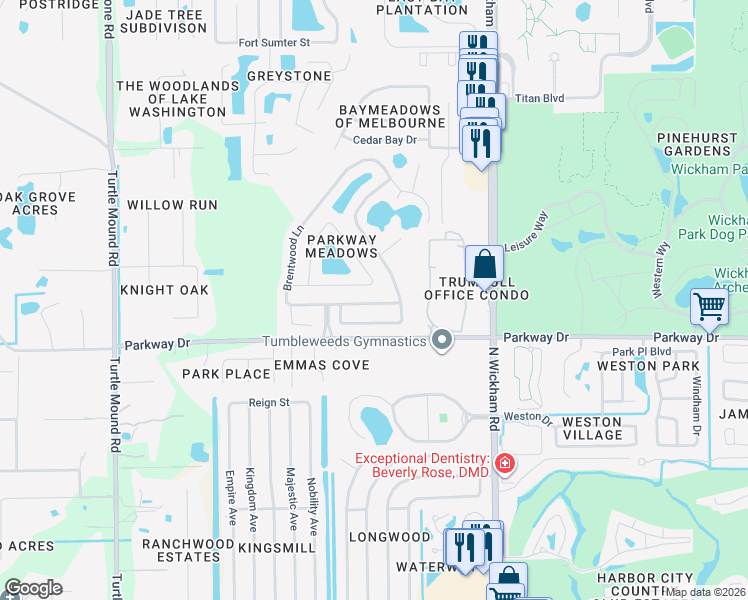 map of restaurants, bars, coffee shops, grocery stores, and more near 3366 Lakeview Circle in Melbourne