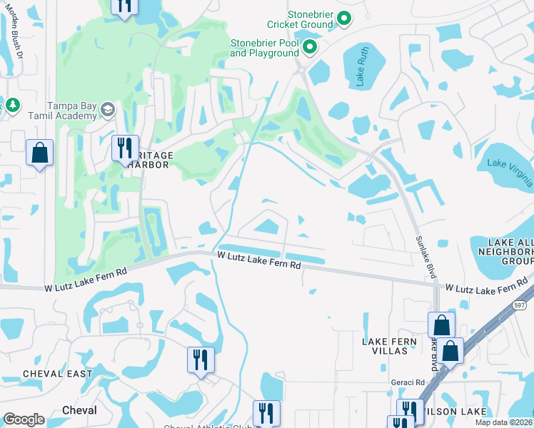 map of restaurants, bars, coffee shops, grocery stores, and more near 19133 Cypress Green Drive in Lutz