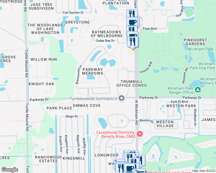 map of restaurants, bars, coffee shops, grocery stores, and more near 3448 Saddle Brook Drive in Melbourne