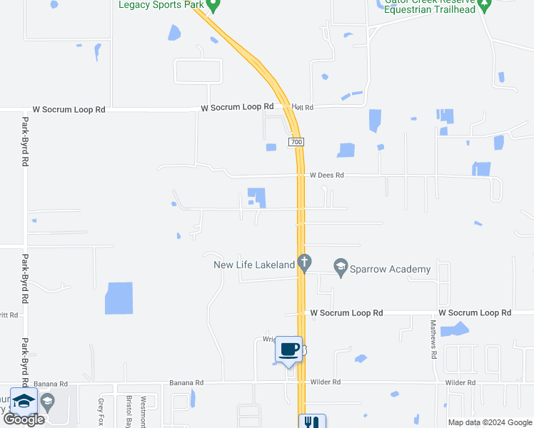map of restaurants, bars, coffee shops, grocery stores, and more near 1310 West Oak Drive in Lakeland