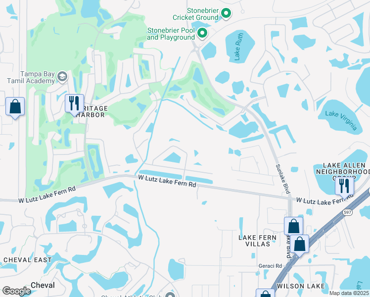 map of restaurants, bars, coffee shops, grocery stores, and more near 19117 Cypress Green Drive in Lutz