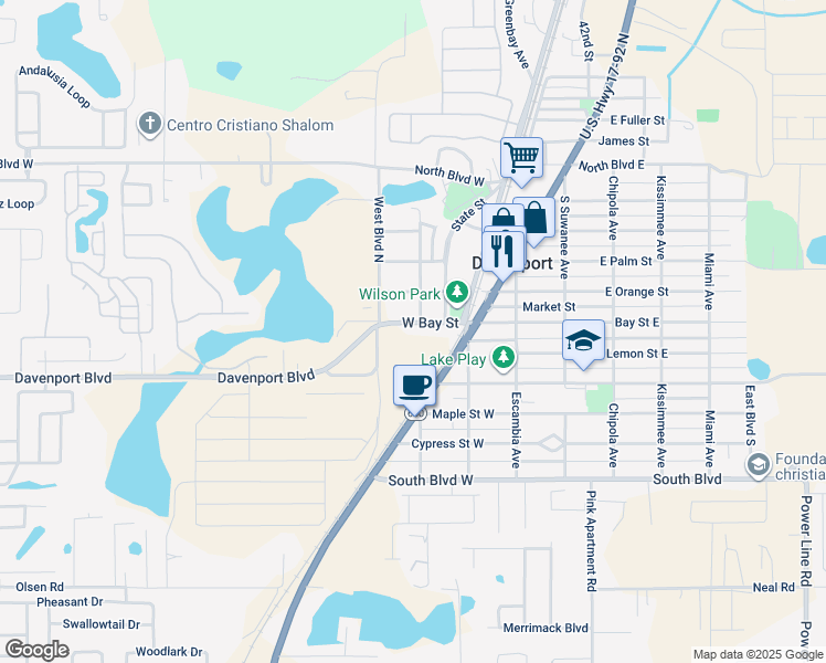map of restaurants, bars, coffee shops, grocery stores, and more near 305 Davenport Boulevard in Davenport