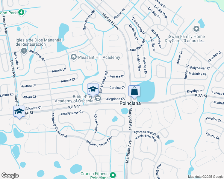 map of restaurants, bars, coffee shops, grocery stores, and more near 351 Corsica Court in Kissimmee