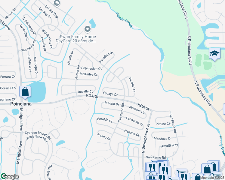 map of restaurants, bars, coffee shops, grocery stores, and more near 779 Lucaya Drive in Poinciana