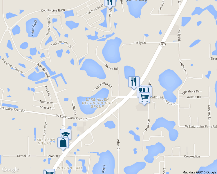 map of restaurants, bars, coffee shops, grocery stores, and more near 19210 Lake Allen Road in Lutz