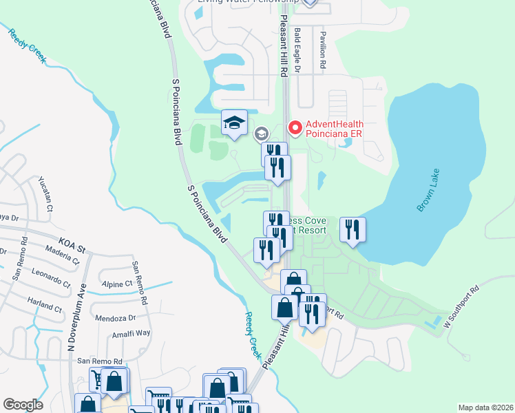 map of restaurants, bars, coffee shops, grocery stores, and more near 4420 Pleasant Hill Road in Kissimmee