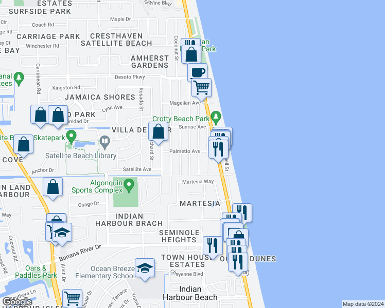 map of restaurants, bars, coffee shops, grocery stores, and more near 755 Palm Drive in Satellite Beach