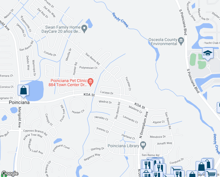 map of restaurants, bars, coffee shops, grocery stores, and more near 783 Lucaya Drive in Poinciana