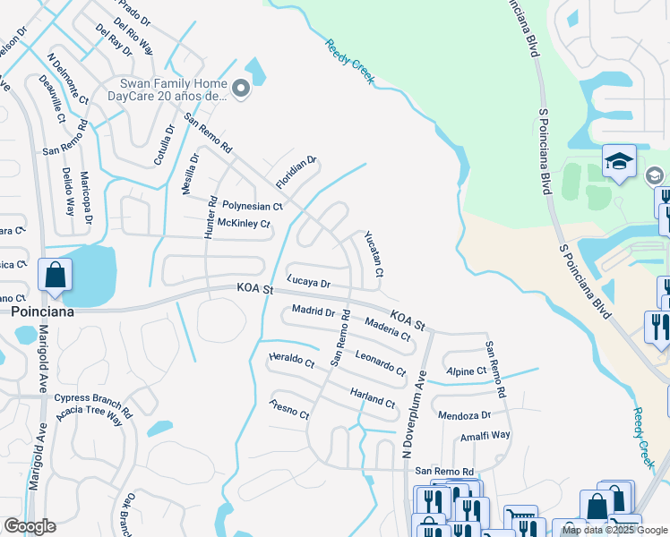 map of restaurants, bars, coffee shops, grocery stores, and more near Lucaya Drive in Poinciana