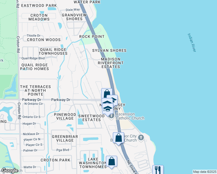 map of restaurants, bars, coffee shops, grocery stores, and more near 699 Northeast Dixie Highway in Melbourne