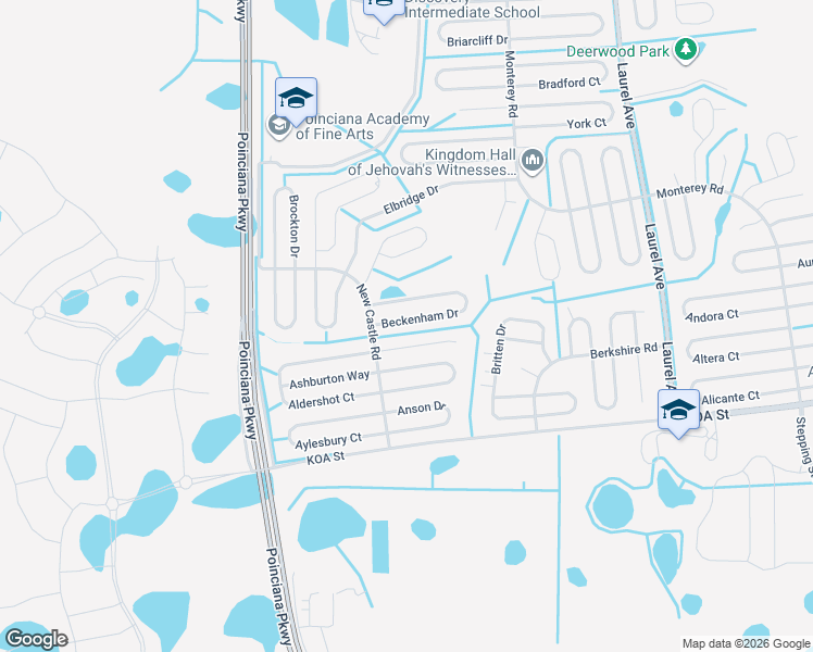 map of restaurants, bars, coffee shops, grocery stores, and more near 207 Beckenham Drive in Kissimmee