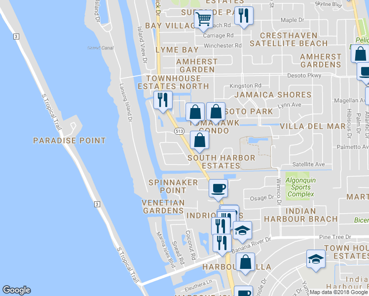 map of restaurants, bars, coffee shops, grocery stores, and more near 112 Windward Way in Satellite Beach