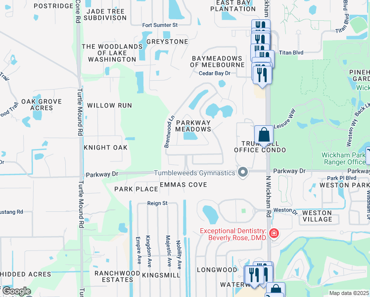 map of restaurants, bars, coffee shops, grocery stores, and more near 3380 Lakeview Circle in Melbourne