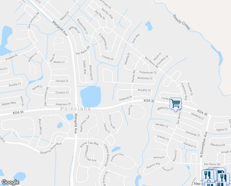 map of restaurants, bars, coffee shops, grocery stores, and more near 565 Imperial Place in Kissimmee