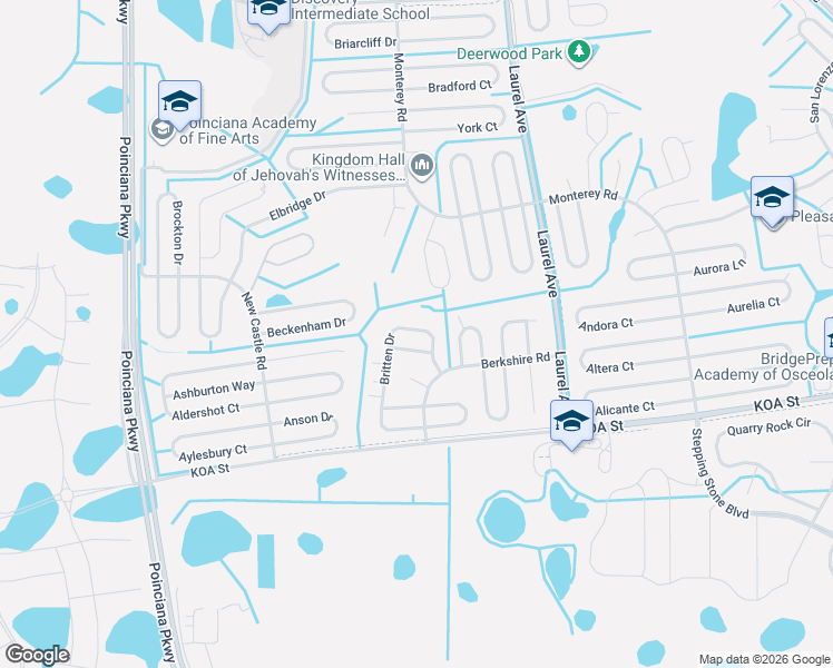 map of restaurants, bars, coffee shops, grocery stores, and more near 478 Britten Drive in Poinciana