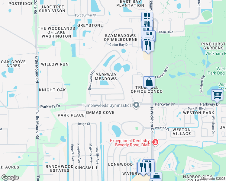 map of restaurants, bars, coffee shops, grocery stores, and more near 3366 Lakeview Circle in Melbourne