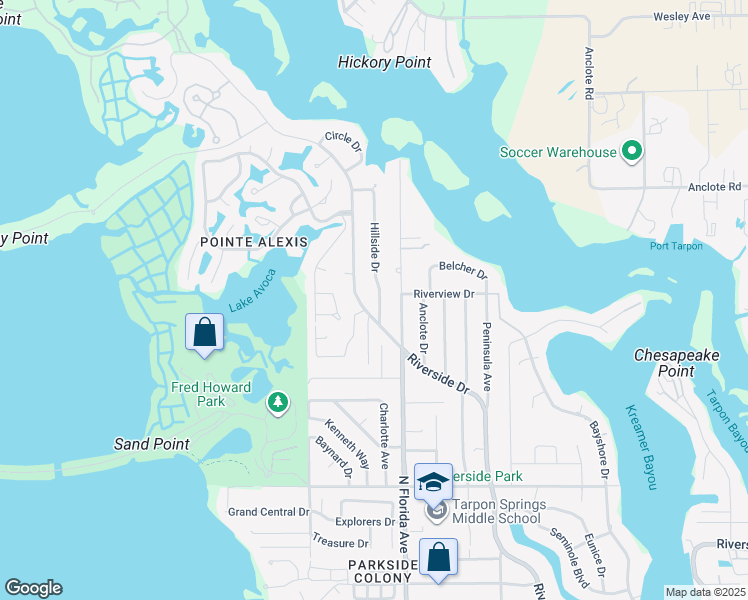 map of restaurants, bars, coffee shops, grocery stores, and more near 1306 Riverside Drive in Tarpon Springs