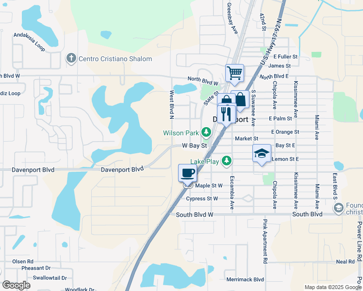 map of restaurants, bars, coffee shops, grocery stores, and more near 306 County Road 547 in Davenport