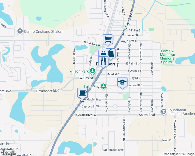 map of restaurants, bars, coffee shops, grocery stores, and more near 112 Davenport Boulevard in Davenport
