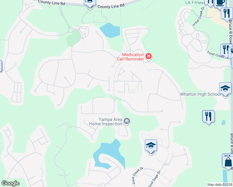 map of restaurants, bars, coffee shops, grocery stores, and more near 8501 Broken Willow Court in Tampa