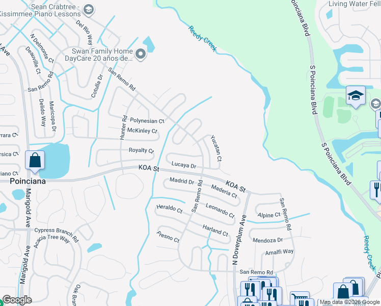 map of restaurants, bars, coffee shops, grocery stores, and more near 786 Lucaya Drive in Kissimmee