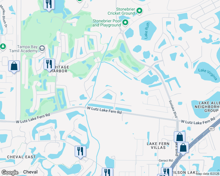map of restaurants, bars, coffee shops, grocery stores, and more near 19133 Cypress Green Drive in Lutz