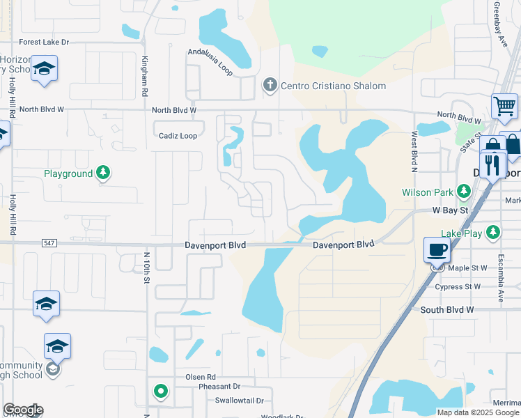 map of restaurants, bars, coffee shops, grocery stores, and more near 131 Center Crest Boulevard in Davenport