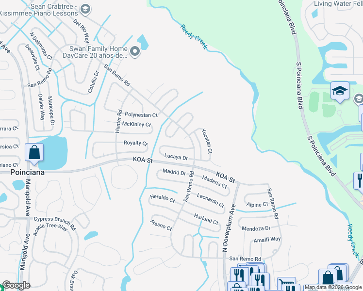 map of restaurants, bars, coffee shops, grocery stores, and more near 790 Lucaya Drive in Kissimmee