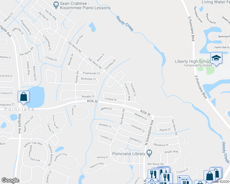 map of restaurants, bars, coffee shops, grocery stores, and more near 786 Lucaya Drive in Kissimmee