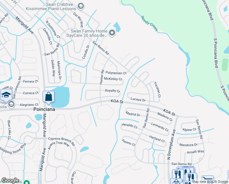 map of restaurants, bars, coffee shops, grocery stores, and more near 663 Royalty Court in Poinciana