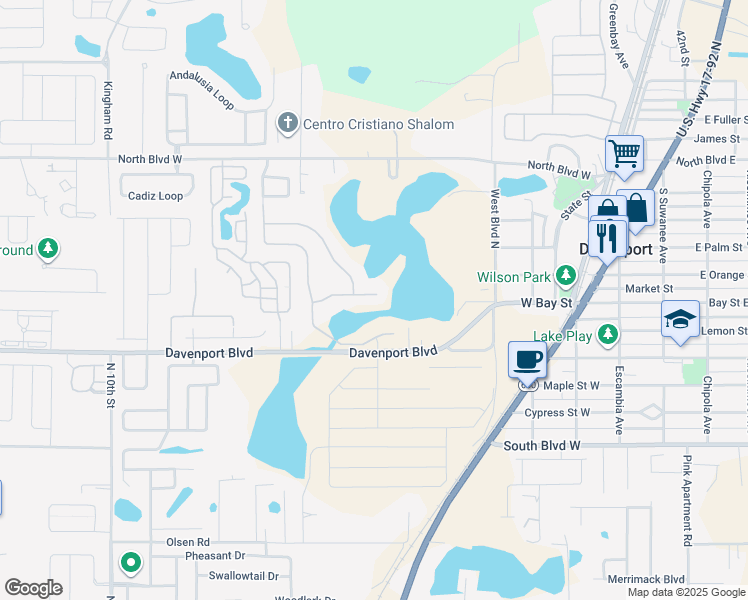 map of restaurants, bars, coffee shops, grocery stores, and more near 255 Lakeshore Drive in Davenport