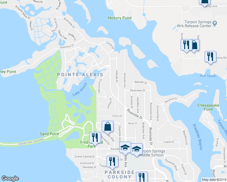 map of restaurants, bars, coffee shops, grocery stores, and more near 1306 Riverside Drive in Tarpon Springs