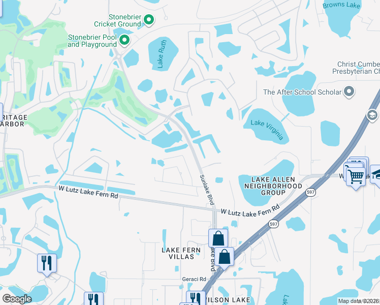 map of restaurants, bars, coffee shops, grocery stores, and more near 19212 Sunlake Boulevard in Lutz