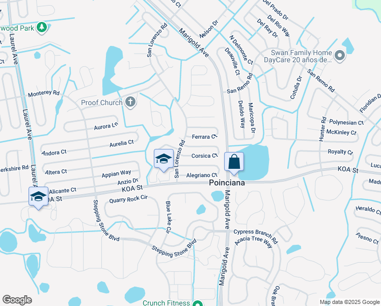 map of restaurants, bars, coffee shops, grocery stores, and more near 354 Corsica Court in Kissimmee