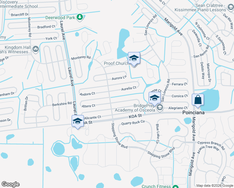 map of restaurants, bars, coffee shops, grocery stores, and more near 195 Aurelia Court in Poinciana