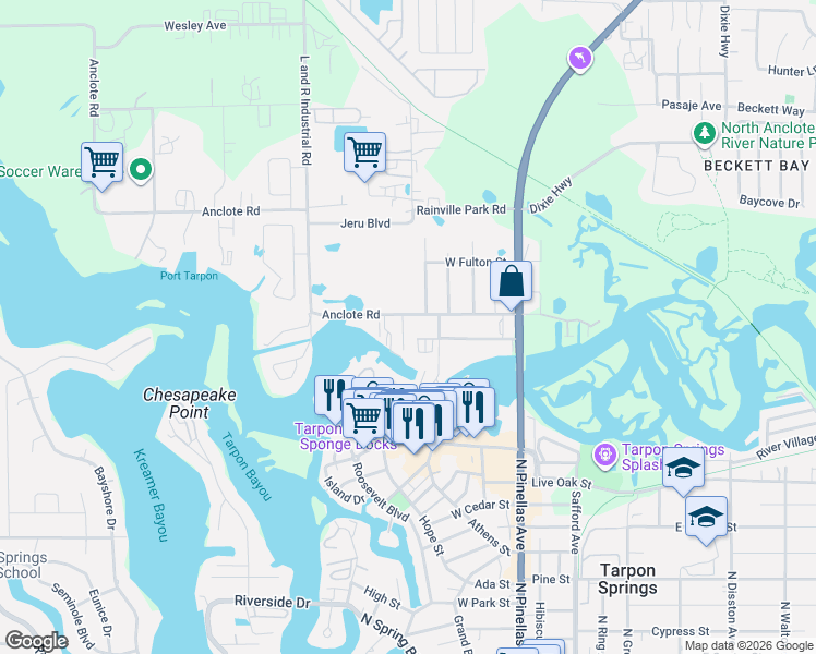 map of restaurants, bars, coffee shops, grocery stores, and more near 1190 Bayou Drive in Tarpon Springs