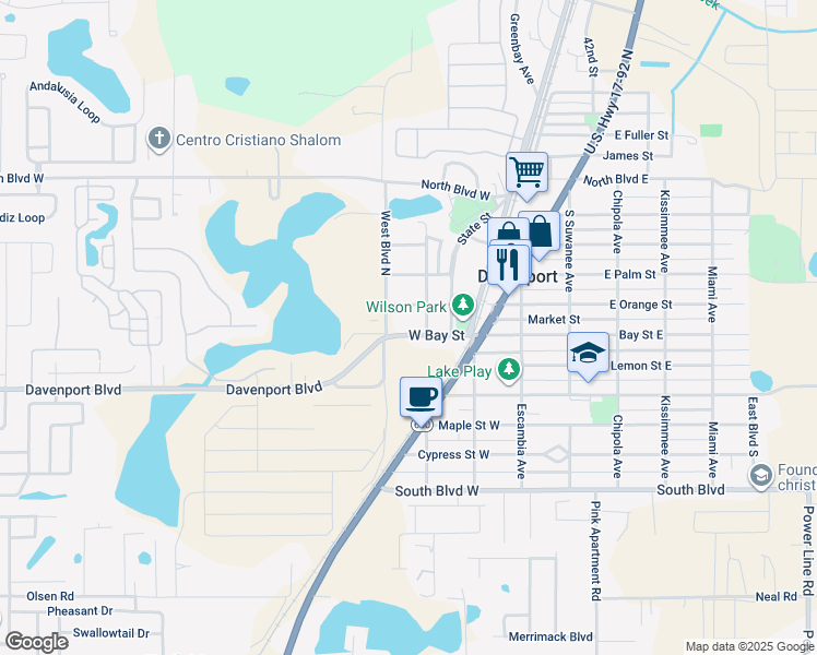 map of restaurants, bars, coffee shops, grocery stores, and more near 306 County Road 547 in Davenport