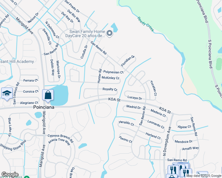 map of restaurants, bars, coffee shops, grocery stores, and more near 663 Royalty Court in Poinciana