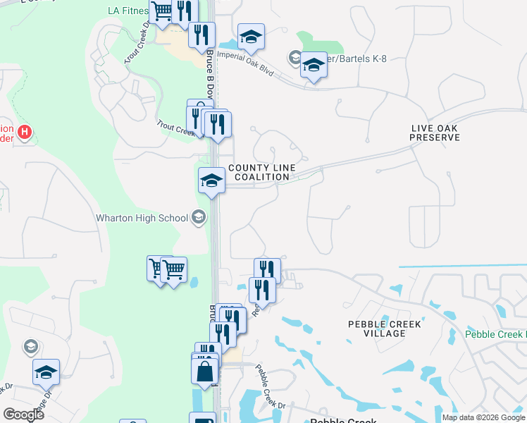 map of restaurants, bars, coffee shops, grocery stores, and more near 20113 Bluff Oak Boulevard in Tampa