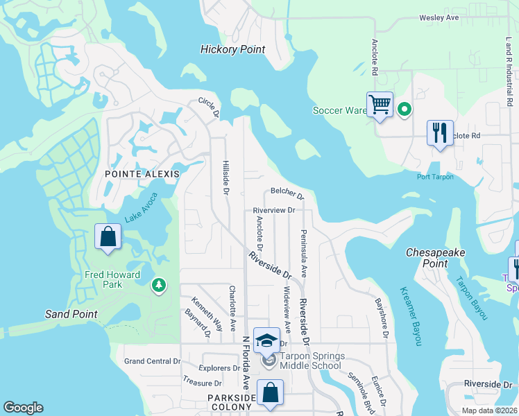 map of restaurants, bars, coffee shops, grocery stores, and more near 1329 Riverview Drive in Tarpon Springs