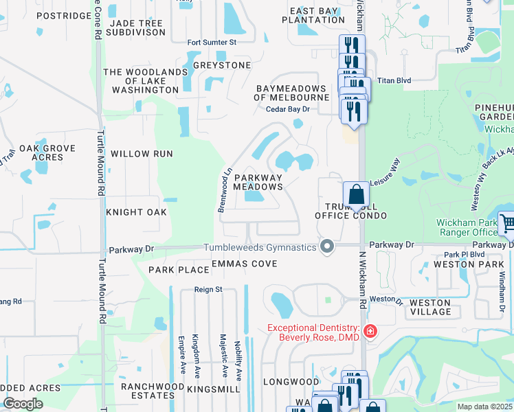 map of restaurants, bars, coffee shops, grocery stores, and more near 3380 Lakeview Circle in Melbourne