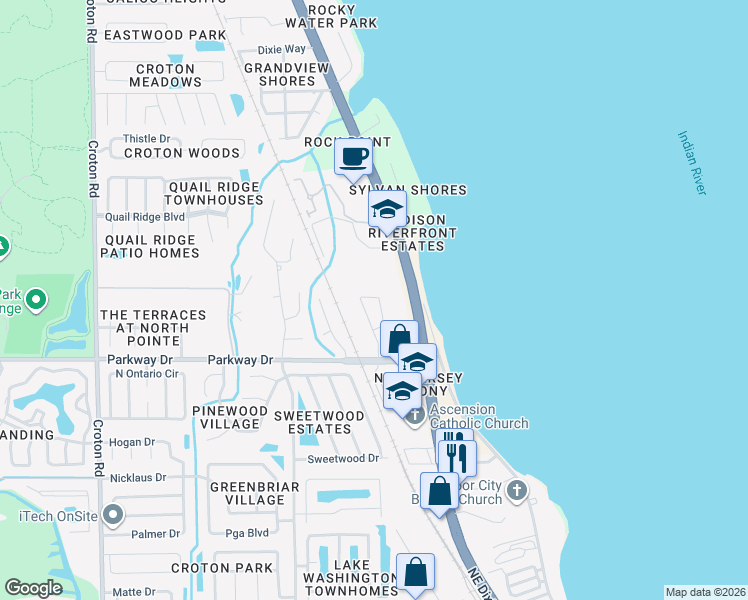 map of restaurants, bars, coffee shops, grocery stores, and more near 3135 Shady Dell Lane in Melbourne