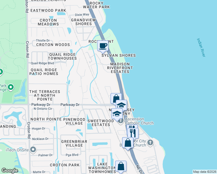 map of restaurants, bars, coffee shops, grocery stores, and more near 3135 Shady Dell Lane in Melbourne