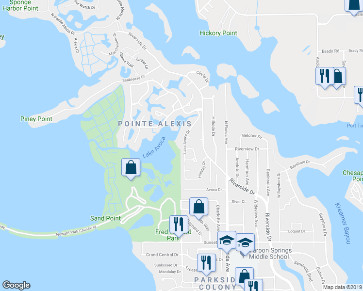 map of restaurants, bars, coffee shops, grocery stores, and more near 1024 Lake Avoca Drive in Tarpon Springs
