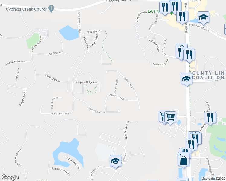 map of restaurants, bars, coffee shops, grocery stores, and more near 20108 Sorano Hill Place in Tampa