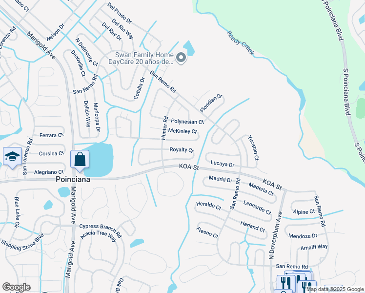 map of restaurants, bars, coffee shops, grocery stores, and more near 685 Royalty Court in Kissimmee
