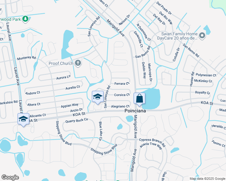 map of restaurants, bars, coffee shops, grocery stores, and more near 354 Corsica Court in Kissimmee